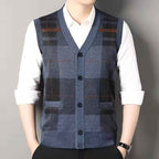 Men's Slim Fit Knitted Vest – Wool Blend – Checked Design – V-Neck with Button Closure Dark Grey