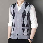 Men's Slim Fit Knitted Vest – Wool Blend – Checked Design – V-Neck with Button Closure Light Grey