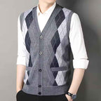 Men's Slim Fit Knitted Vest – Wool Blend – Checked Design – V-Neck with Button Closure Medium Grey