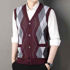 Men's Slim Fit Knitted Vest – Wool Blend – Checked Design – V-Neck with Button Closure Red