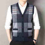Men's Slim Fit Knitted Vest – Wool Blend – Checked Design – V-Neck with Button Closure Navy Blue