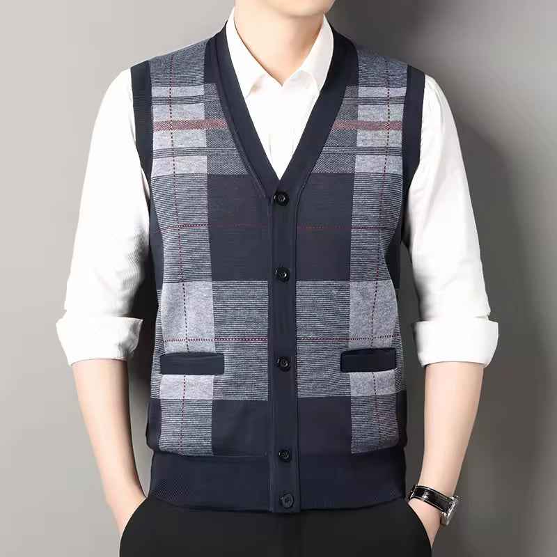 Men's Slim Fit Knitted Vest – Wool Blend – Checked Design – V-Neck with Button Closure Navy Blue