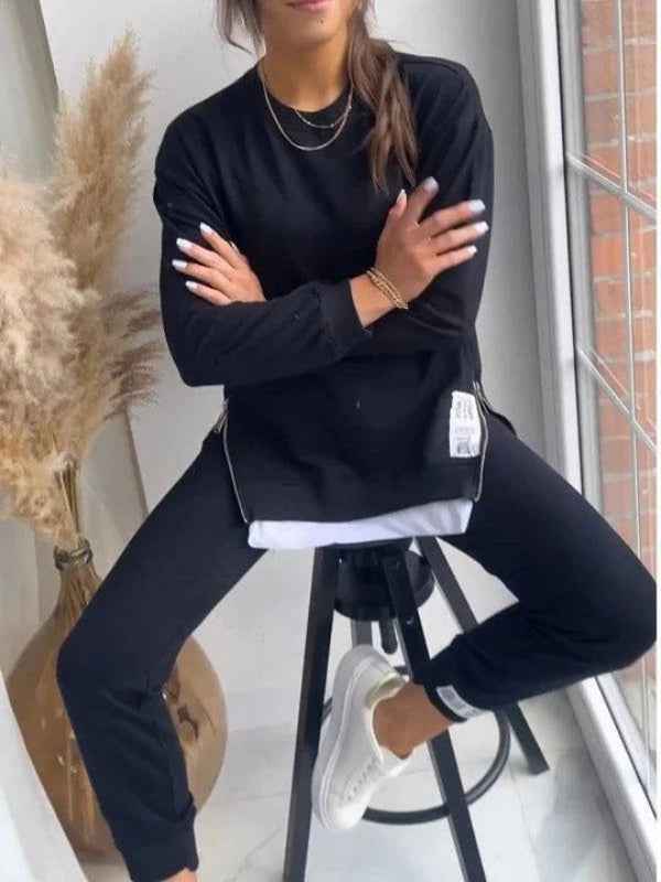 Women's Oversized Sweatshirt & Tapered Jogger Loungewear Set – Soft Cotton Blend Black