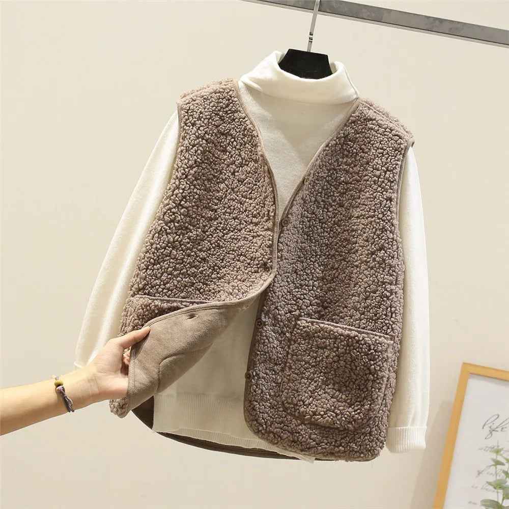 Women's Sherpa Fleece Gilet - Relaxed Fit with Buttons - Casual Layering Essential Khaki