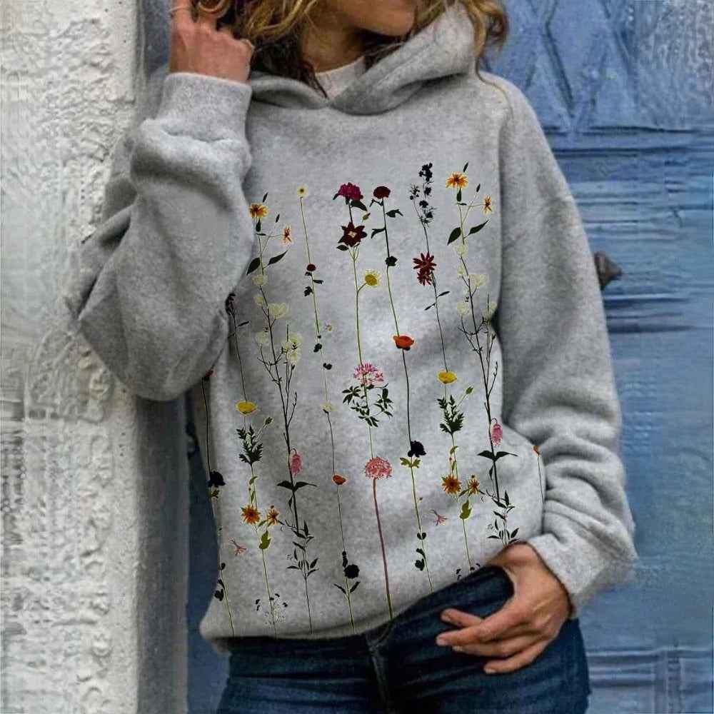 Women's Floral Print Hoodie – Relaxed Fit – Cotton Blend – Casual Comfort Grey