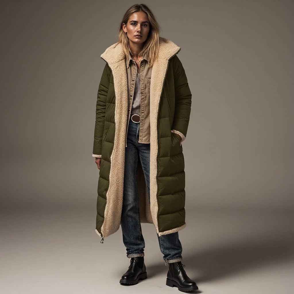 Women's Relaxed Fit Long Padded Coat with Fleece Collar – Full Coverage Green