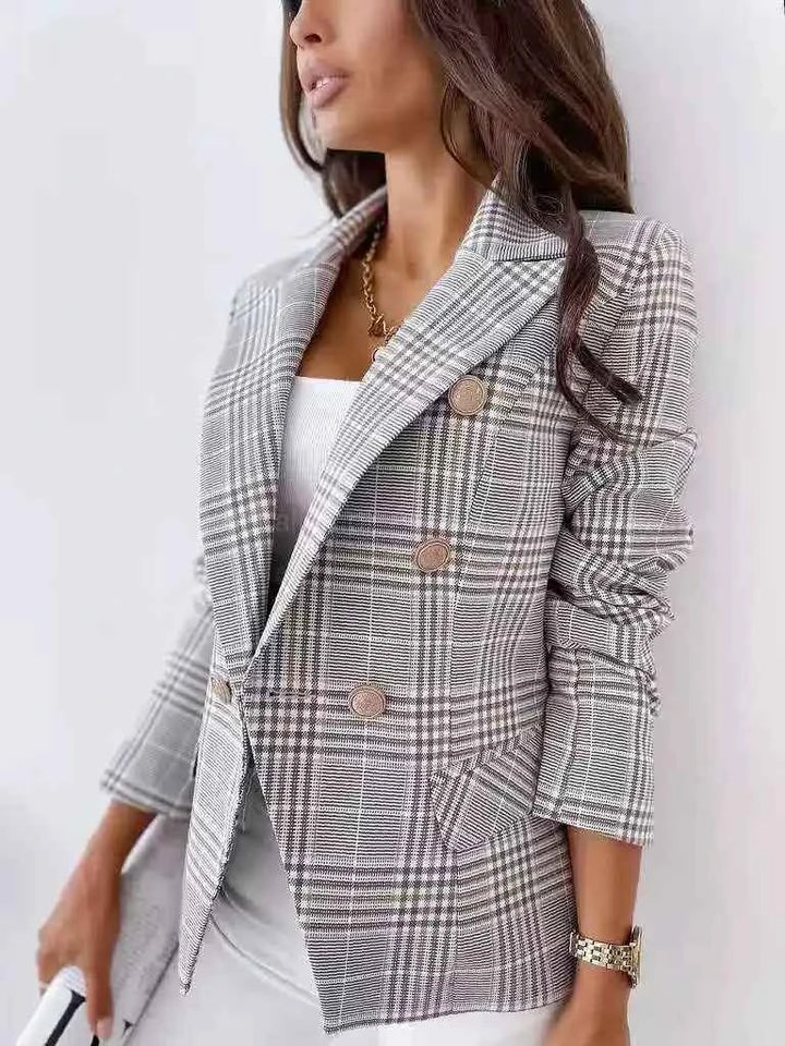 Women's Slim Fit Checked Blazer - Double-Button Closure - Wool Blend - Notch Lapel Black
