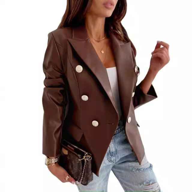 Women's Tailored Double-Breasted Blazer in Imitation Leather with Long Sleeves Brown