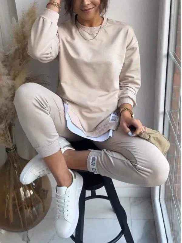 Women's Oversized Sweatshirt & Tapered Jogger Loungewear Set – Soft Cotton Blend Khaki