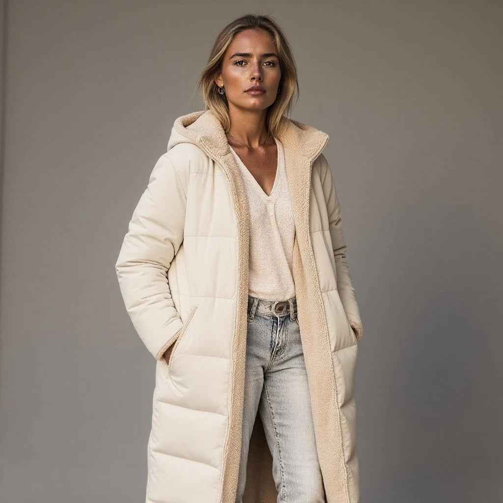 Women's Relaxed Fit Long Padded Coat with Fleece Collar – Full Coverage White