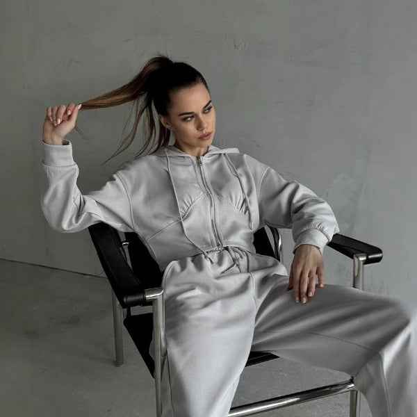 Women's Relaxed Fit Lounge Set – Zipper Hoodie & Wide Pants – Soft Cotton Blend Grey