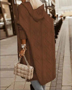 Women's Oversized Cable Knit Cardigan with Hood – Long Fit, Open Front Brown