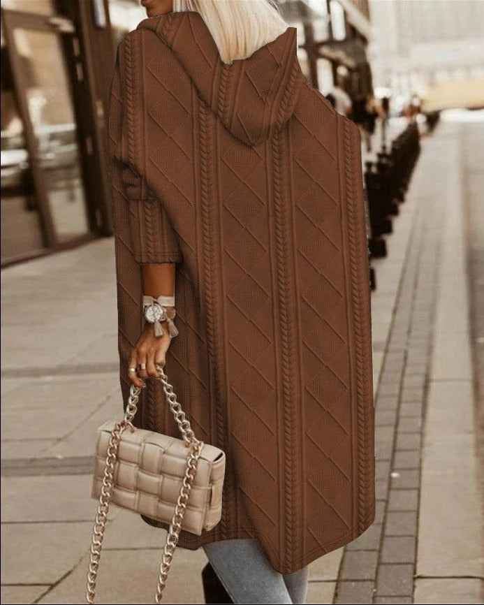 Women's Oversized Cable Knit Cardigan with Hood – Long Fit, Open Front Brown