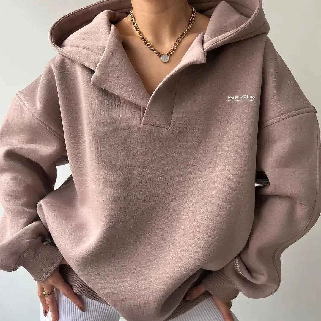 Women's Oversized V-Neck Hoodie – Cotton Blend with Ribbed Trims – Casual Wear Pink