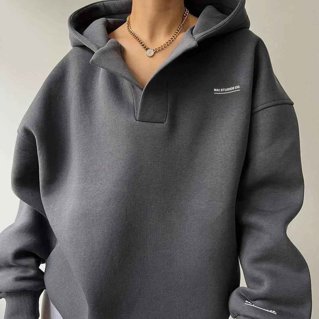 Women's Oversized V-Neck Hoodie – Cotton Blend with Ribbed Trims – Casual Wear Grey