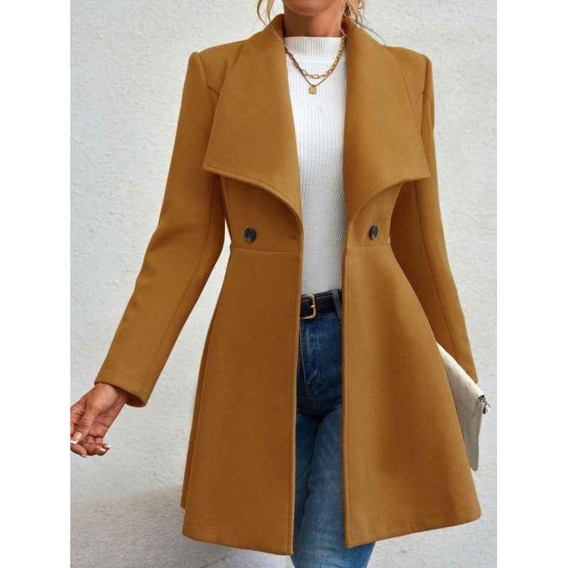 Women's Slim Fit Long Wool Coat with Classic Lapel Design Camel