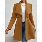 Women's Slim Fit Long Wool Coat with Classic Lapel Design Camel