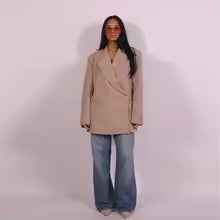 Women's Loose Fit Blazer - Three-Quarter Sleeve - Cotton - Button Closure - Notched Lapel Khaki