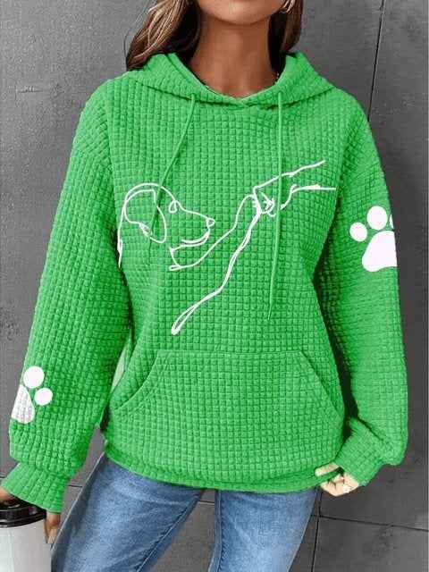 Women's Relaxed Fit Quilted Hoodie with Dog Print and Kangaroo Pocket Green