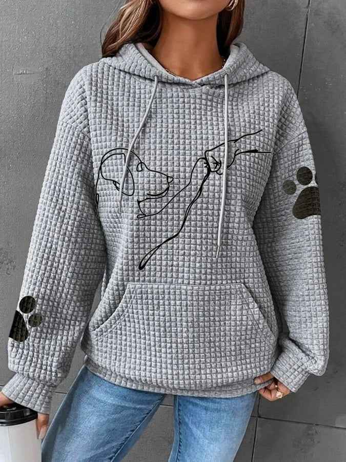 Women's Relaxed Fit Quilted Hoodie with Dog Print and Kangaroo Pocket Grey