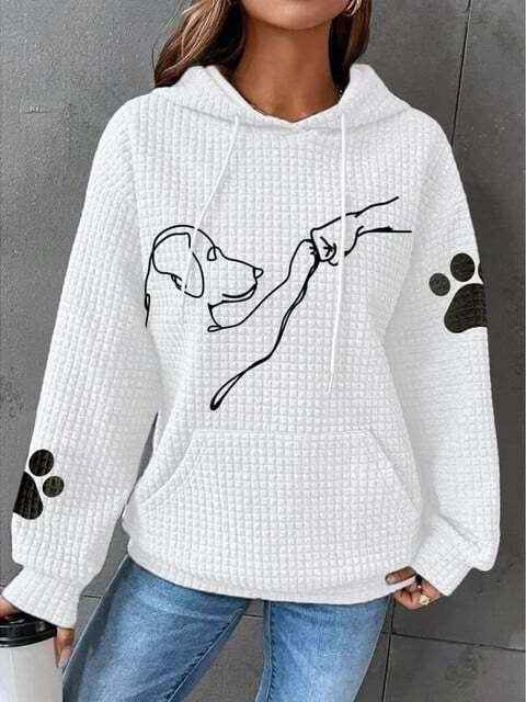Women's Relaxed Fit Quilted Hoodie with Dog Print and Kangaroo Pocket White