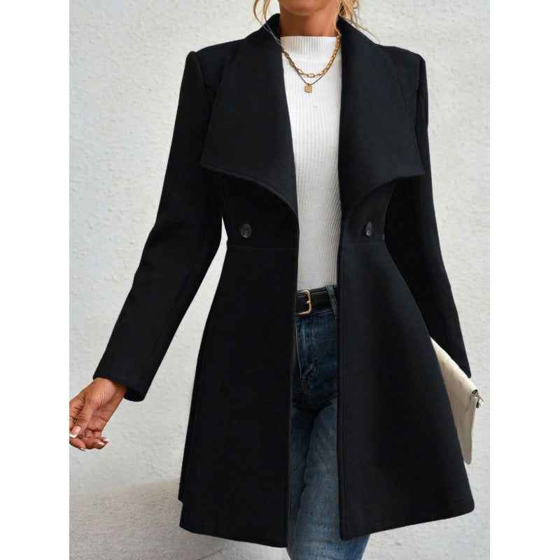 Women's Slim Fit Long Wool Coat with Classic Lapel Design Black