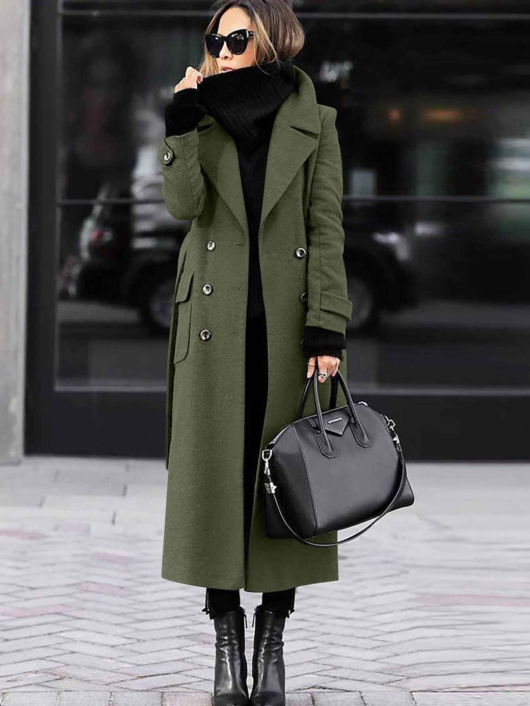 Women's Fitted Wool Coat with Double Row Buttons - Full Length Green
