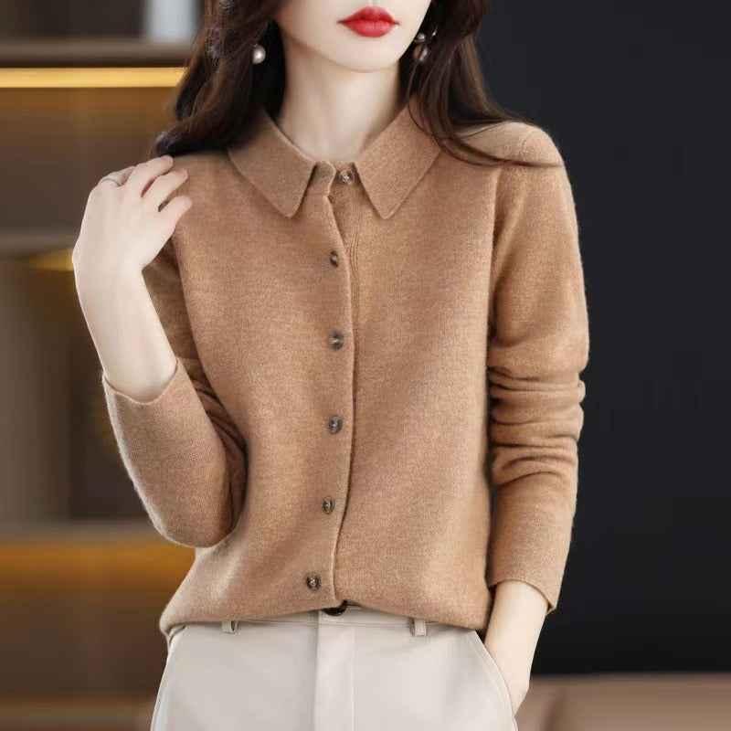 Women's Relaxed Fit Wool Blend Cardigan with Polo Collar and Long Sleeves Camel