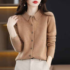 Women's Relaxed Fit Wool Blend Cardigan with Polo Collar and Long Sleeves Camel