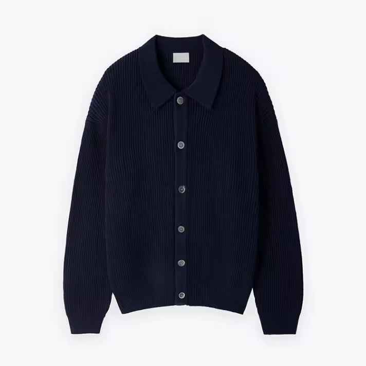 Men's Oversized Wool-Blend Cardigan with Buttons and Ribbed Design Blue