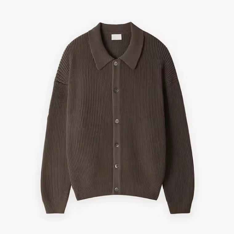 Men's Oversized Wool-Blend Cardigan with Buttons and Ribbed Design Coffee