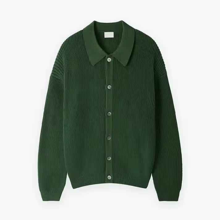 Men's Oversized Wool-Blend Cardigan with Buttons and Ribbed Design Green