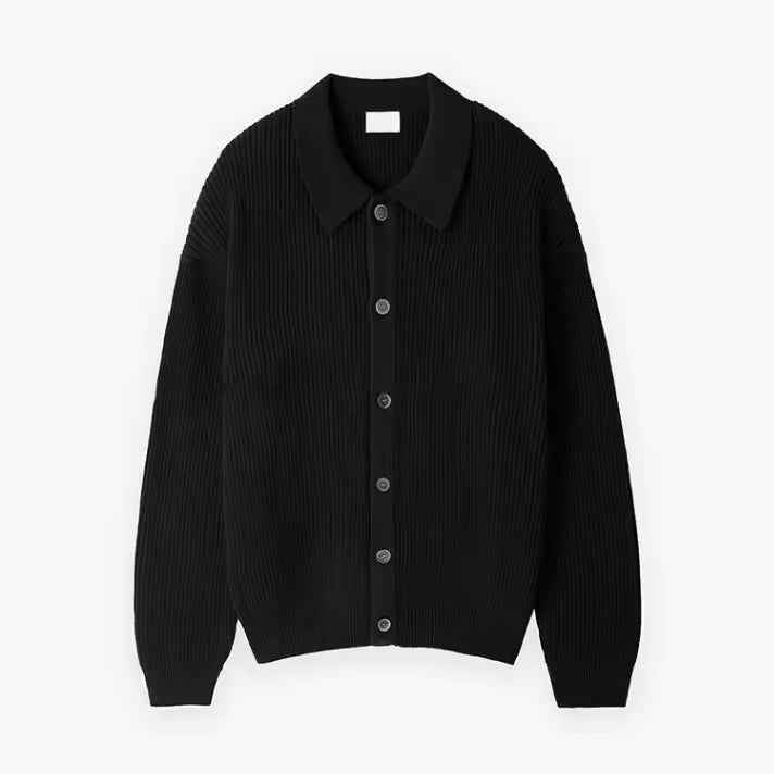 Men's Oversized Wool-Blend Cardigan with Buttons and Ribbed Design Black