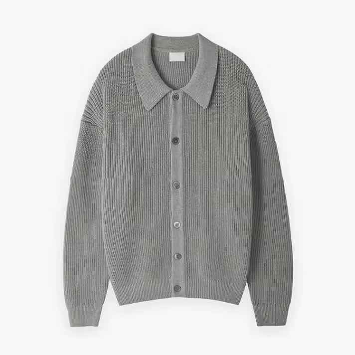 Men's Oversized Wool-Blend Cardigan with Buttons and Ribbed Design Grey