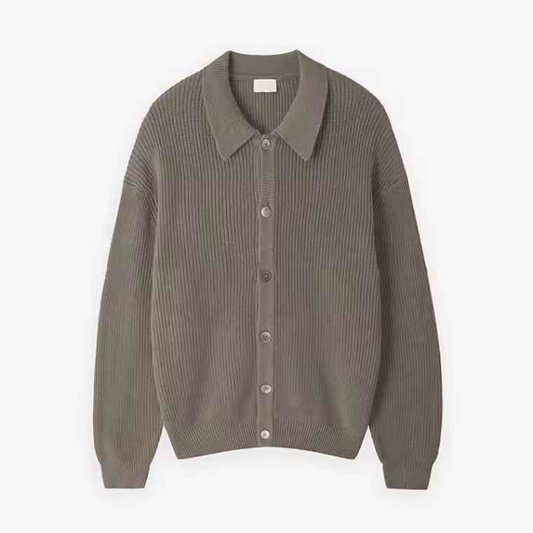 Men's Oversized Wool-Blend Cardigan with Buttons and Ribbed Design Khaki