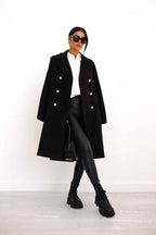 Women's Fitted Double-Breasted Long Coat – Wool Blend with Notch Lapel Black