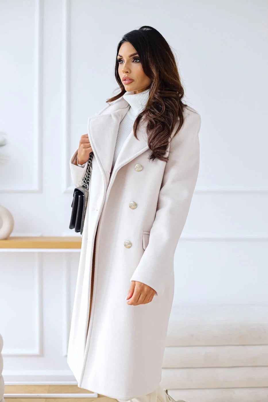 Women's Fitted Double-Breasted Long Coat – Wool Blend with Notch Lapel White