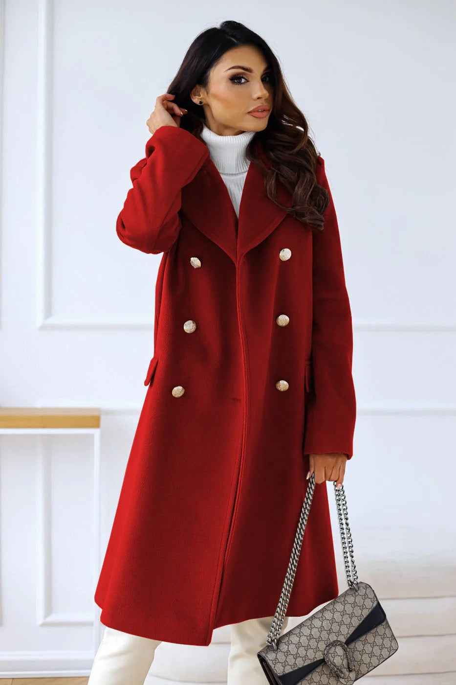 Women's Fitted Double-Breasted Long Coat – Wool Blend with Notch Lapel Red