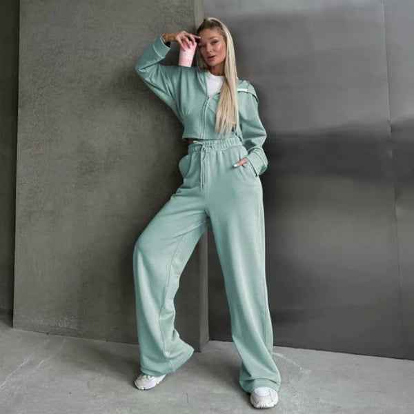 Women's Relaxed Fit Lounge Set – Zipper Hoodie & Wide Pants – Soft Cotton Blend