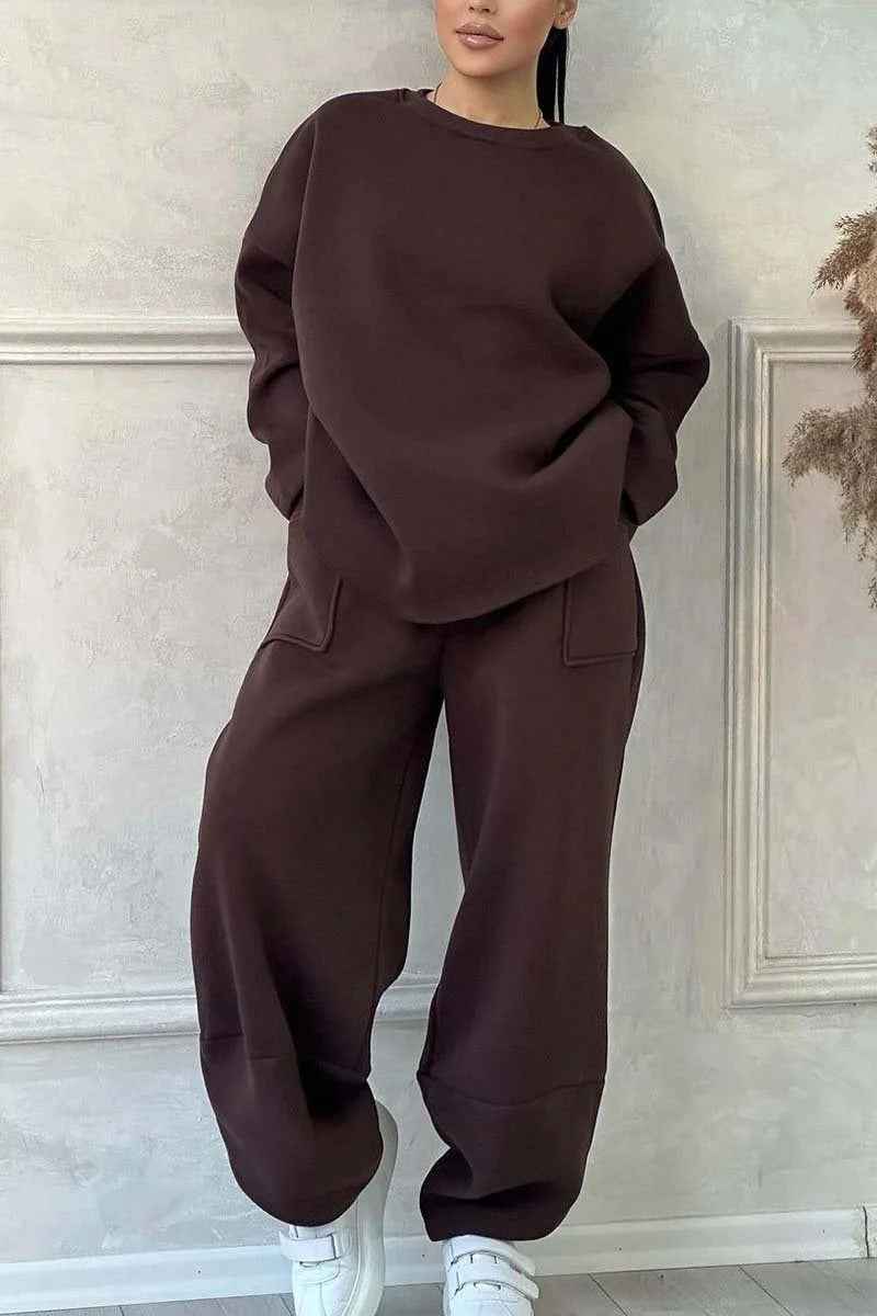 Women's Oversized Cotton Blend Lounge Set – Sweatshirt & Wide Pants Brown