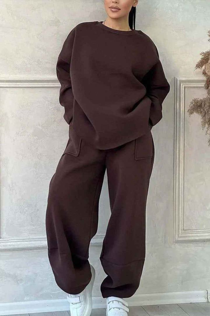 Women's Oversized Cotton Blend Lounge Set – Sweatshirt & Wide Pants Brown