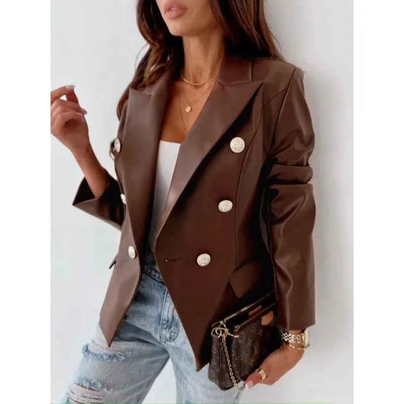 Women's Tailored Faux Leather Blazer – Double-Breasted with Shoulder Padding Brown