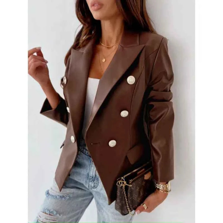 Women's Tailored Faux Leather Blazer – Double-Breasted with Shoulder Padding Brown