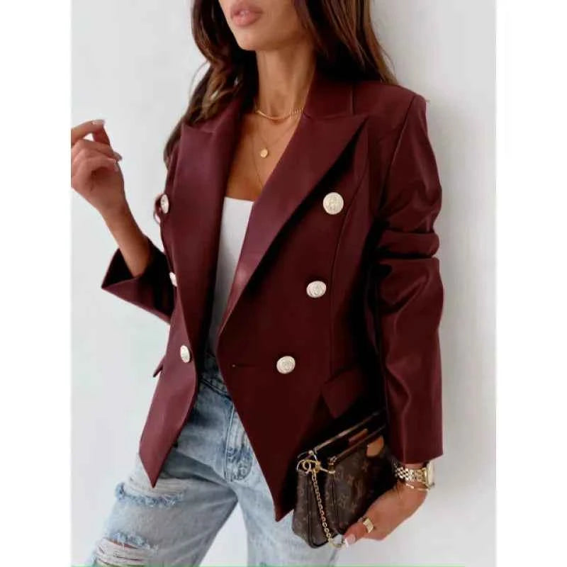 Women's Tailored Faux Leather Blazer – Double-Breasted with Shoulder Padding Claret