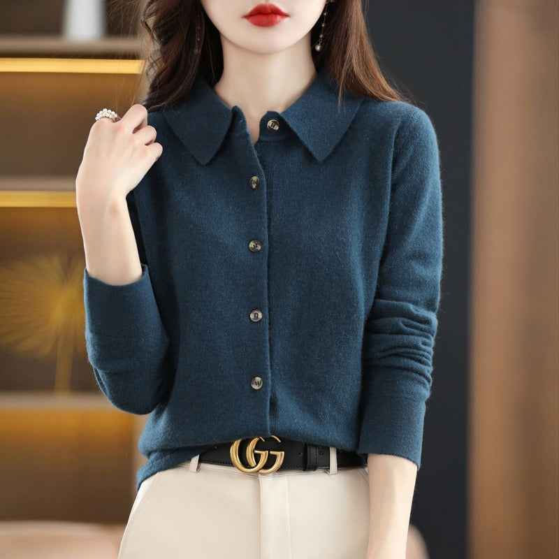 Women's Relaxed Fit Wool Blend Cardigan with Polo Collar and Long Sleeves Blue
