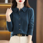 Women's Relaxed Fit Wool Blend Cardigan with Polo Collar and Long Sleeves Blue