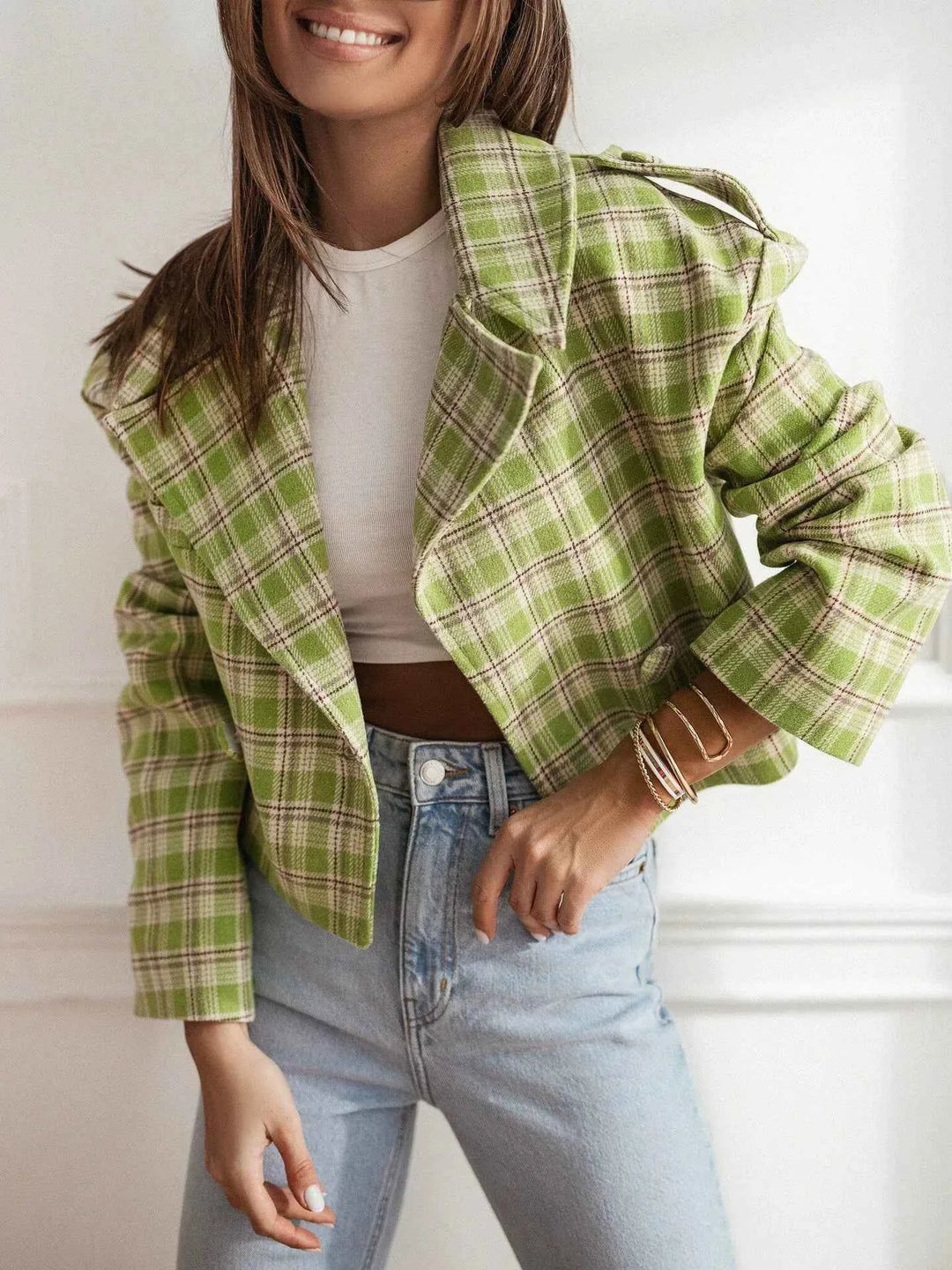 Women's Cropped Check Pattern Blazer – Tailored Fit – Wool Look – Notched Collar Green Grid