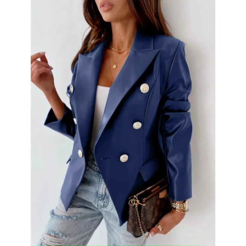 Women's Tailored Faux Leather Blazer – Double-Breasted with Shoulder Padding Blue