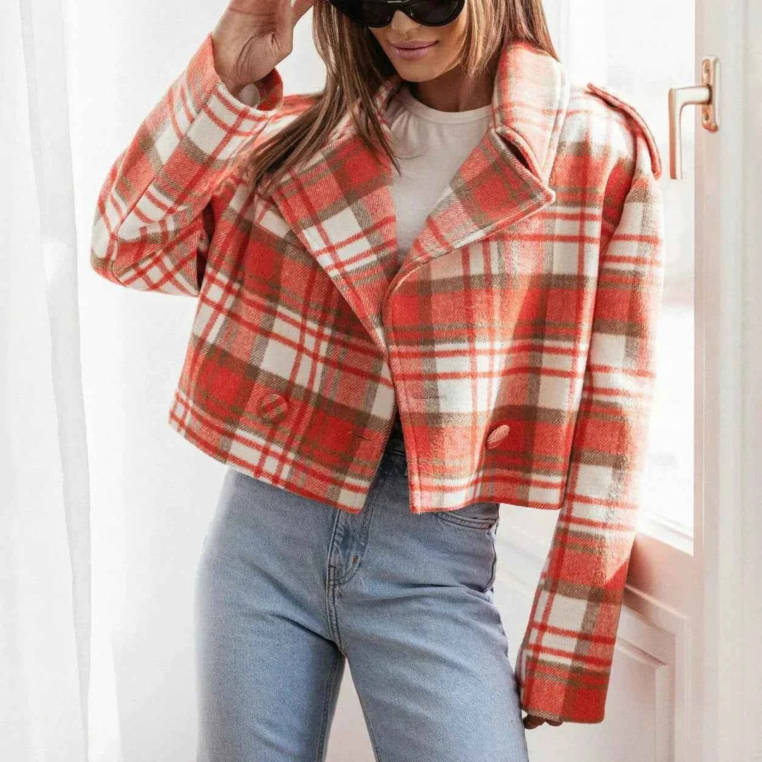 Women's Cropped Check Pattern Blazer – Tailored Fit – Wool Look – Notched Collar Orange Check