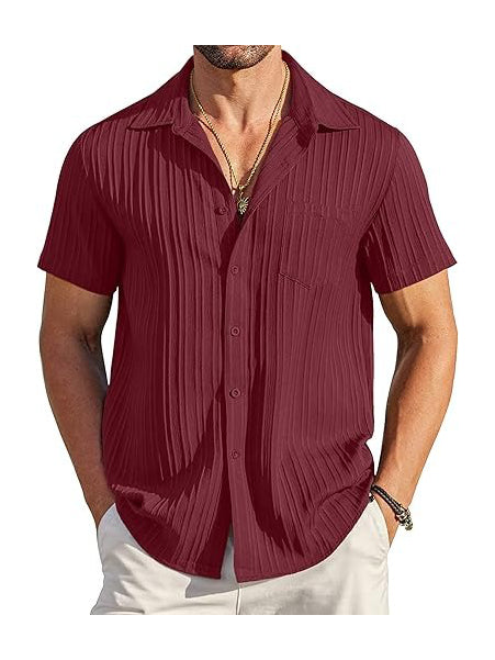 Men's Short Sleeve Textured Ribbed Button-Up Shirt Wine Red
